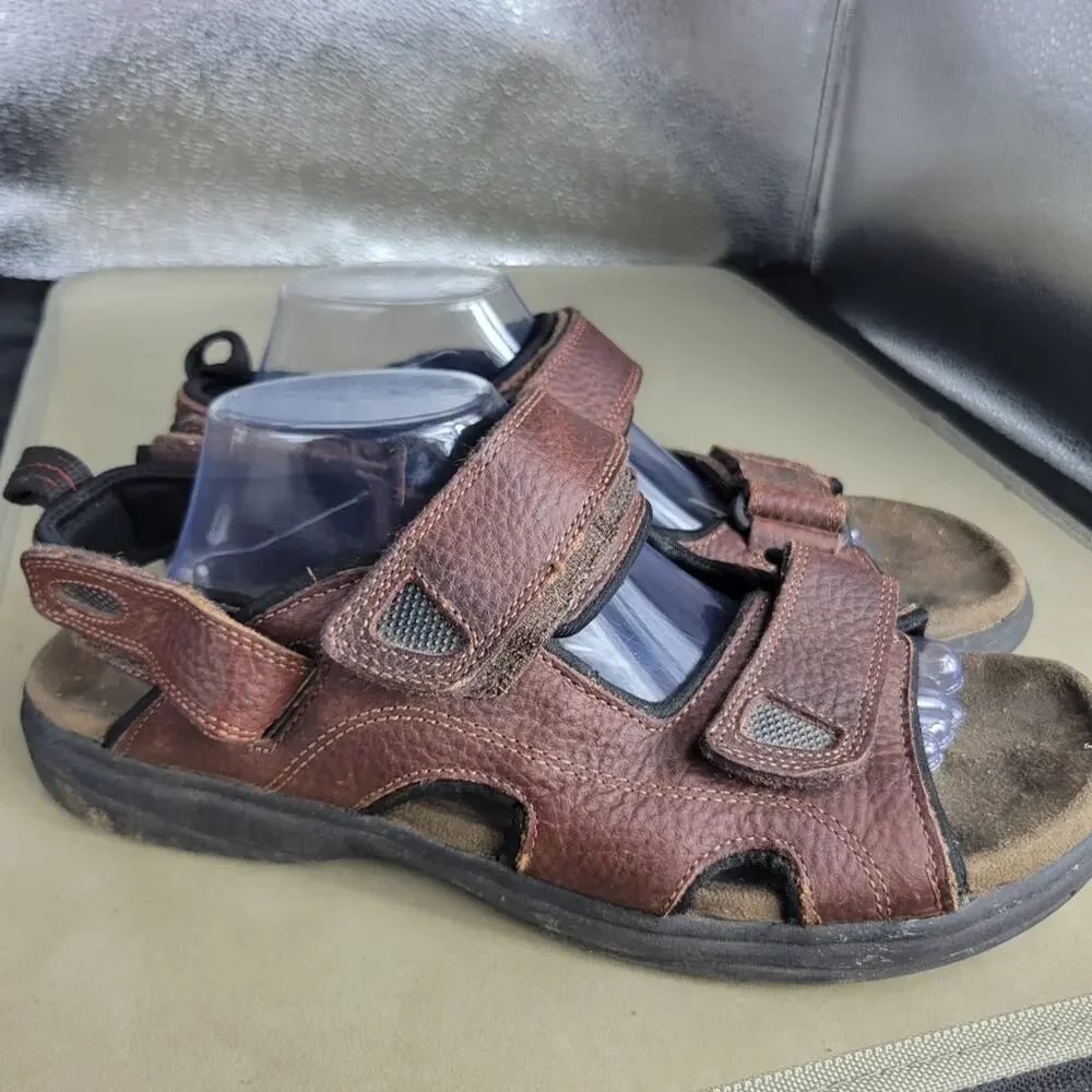 EARTH SHOE Sandals Men Size 10.5 Fisherman Brown Leather Strap Comfort Adjusting